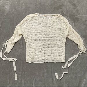 Rewind Ivory Crochet Knit Sweater Ribbon Sleeve Detail Lightweight Size XXL